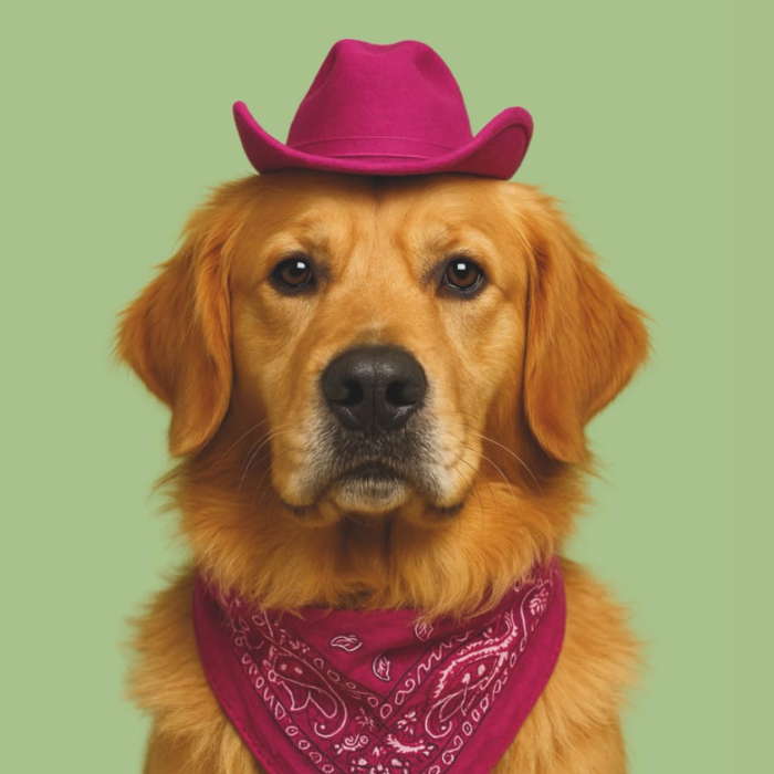 golden retriever looking directly at the camera wearing cowboy attire