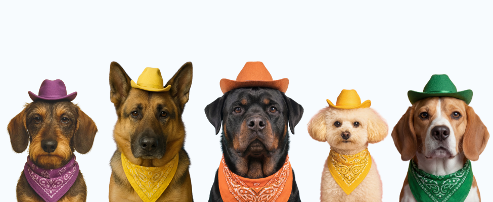 row of dogs all looking directly at the camera wearing cowboy attire