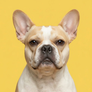 fawn frenchie looking directly at the camera in front of a bright yellow background