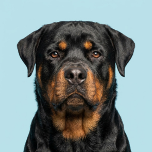 Rottweiler looking directly into the camera in front of a pale blue background