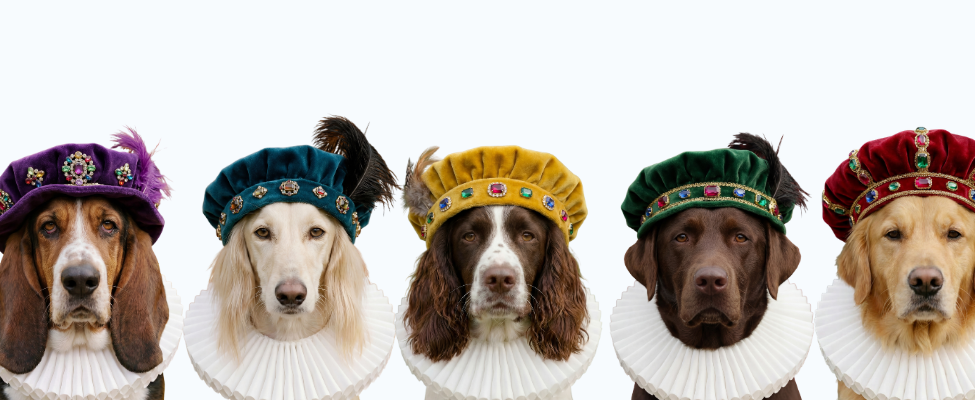row of tudor dogs looking directly at the camera