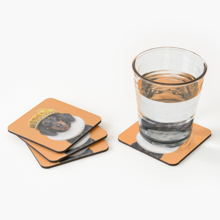 Tudor Dachshund coaster in use with drink - set of 4 dog breed coasters