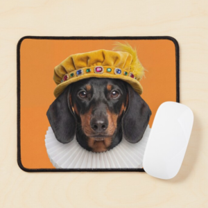 tudor dachshund mouse pad seen from above with white mouse