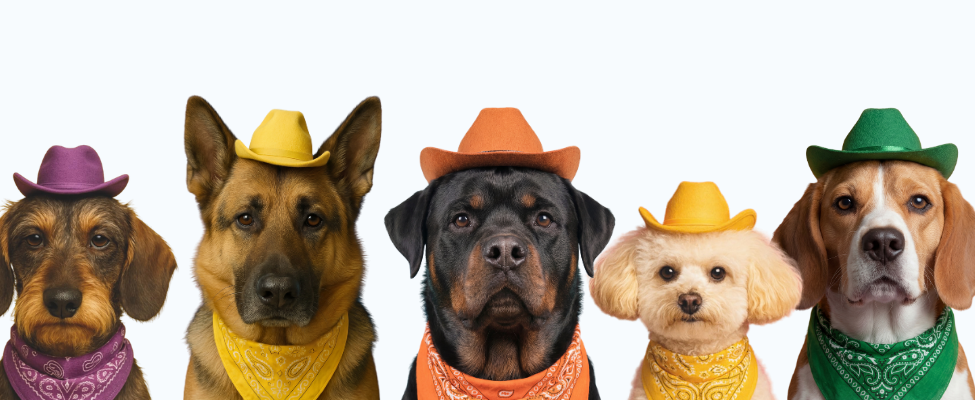 cowboy dogs in hats and bandanas looking directly at the camera