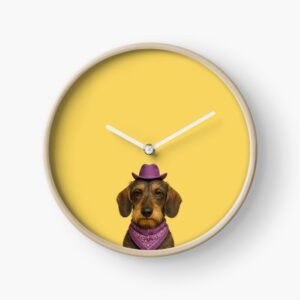 wire-haired Dachshund in a purple cowboy hat and bandana - Bark and Prosper Cowboy wall clock