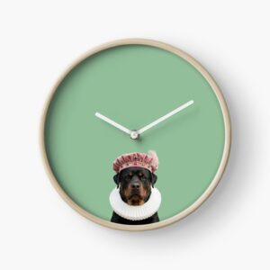 Rottweiler in a pink velvet cap and ruff collar - Bark and Prosper Tudor wall clock