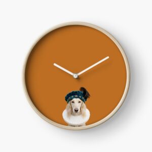 Saluki in a gem-studded teal cap and ruff collar - Bark and Prosper Tudor wall clock